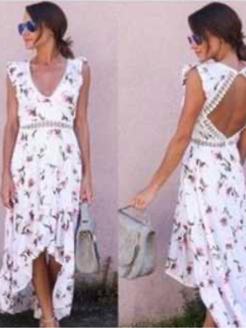 Hello Molly White Floral Crochet-Trim High-Low Maxi Dress